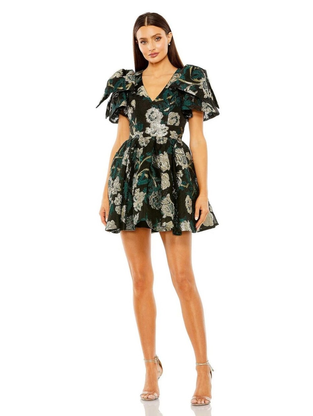 NWT Mac Duggal Size 8 Emerald & Black Brocade Cocktail Mini with Pockets & Bows